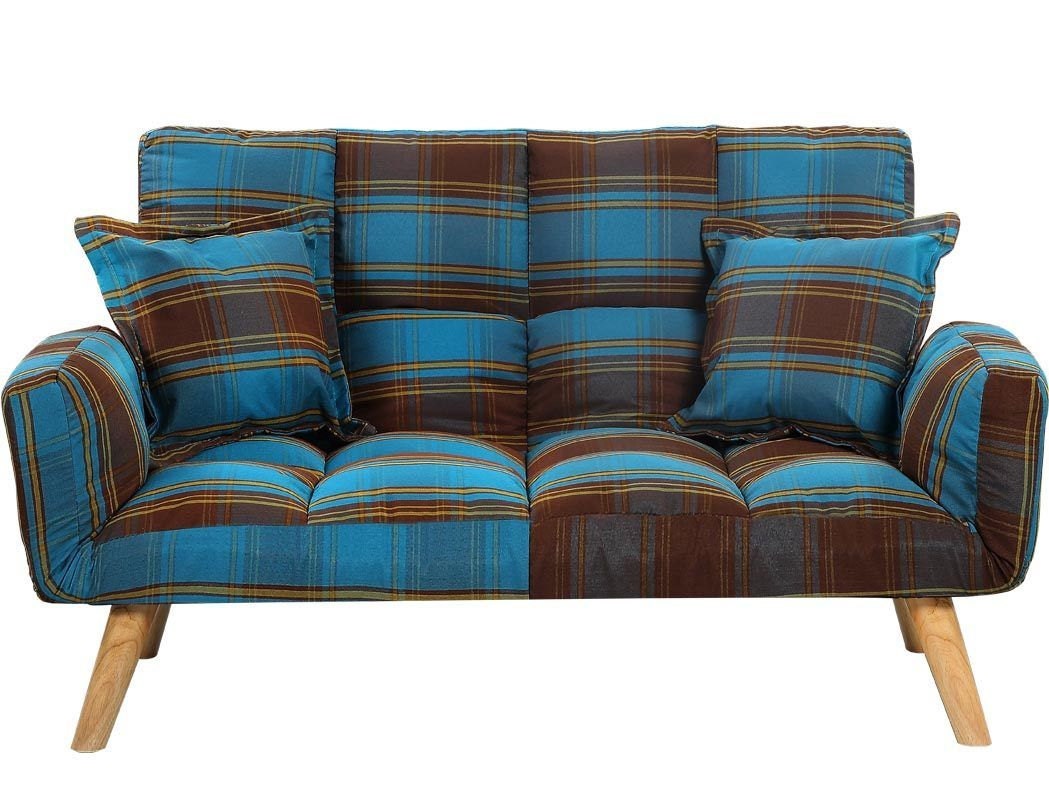 Modern Cool Fabric Small 2 Seater Sofa Tartan Plaid Style Blue