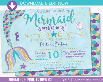 Mermaid Baby Shower Invitation, Little Mermaid on the way Baby Shower Invite, Nautical, Beach, Under The Sea, Instant Download Edit Yourself