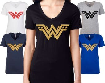 Wonder Woman V-neck Glitter Tee Shirt, Wonder Woman Tee, womens' Shirt, Mothers Day Tee, Wonder Woman Inspired Design, SuperHero Glitter TEE