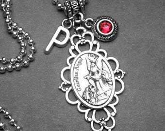Guardian Angel Holy Medal Filigree Pendant with Custom Birthstone & Initial Letter Charm Necklace, Catholic Gift, Personalized, Archangel