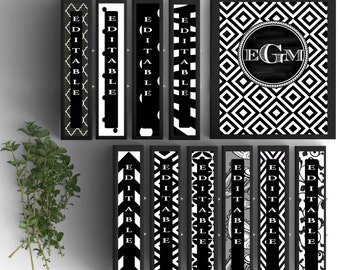 Set of 10-Monogram Binder Covers- Black and White- Personalized Binder Inserts and Spines (8.5x11in)- Printable Binder Covers-Editable