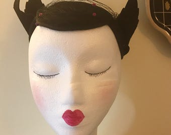 Vintage Amazing 1930s 1940s Black Felted Fascinator Hat
