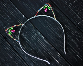 MULTICOLORED CAT EARS Cat Ears Headband Kitty Cat Hair Band Bachelorette Headband Cat Ears Headband Rhinestone cat ear Metal Wire Kitten Ear