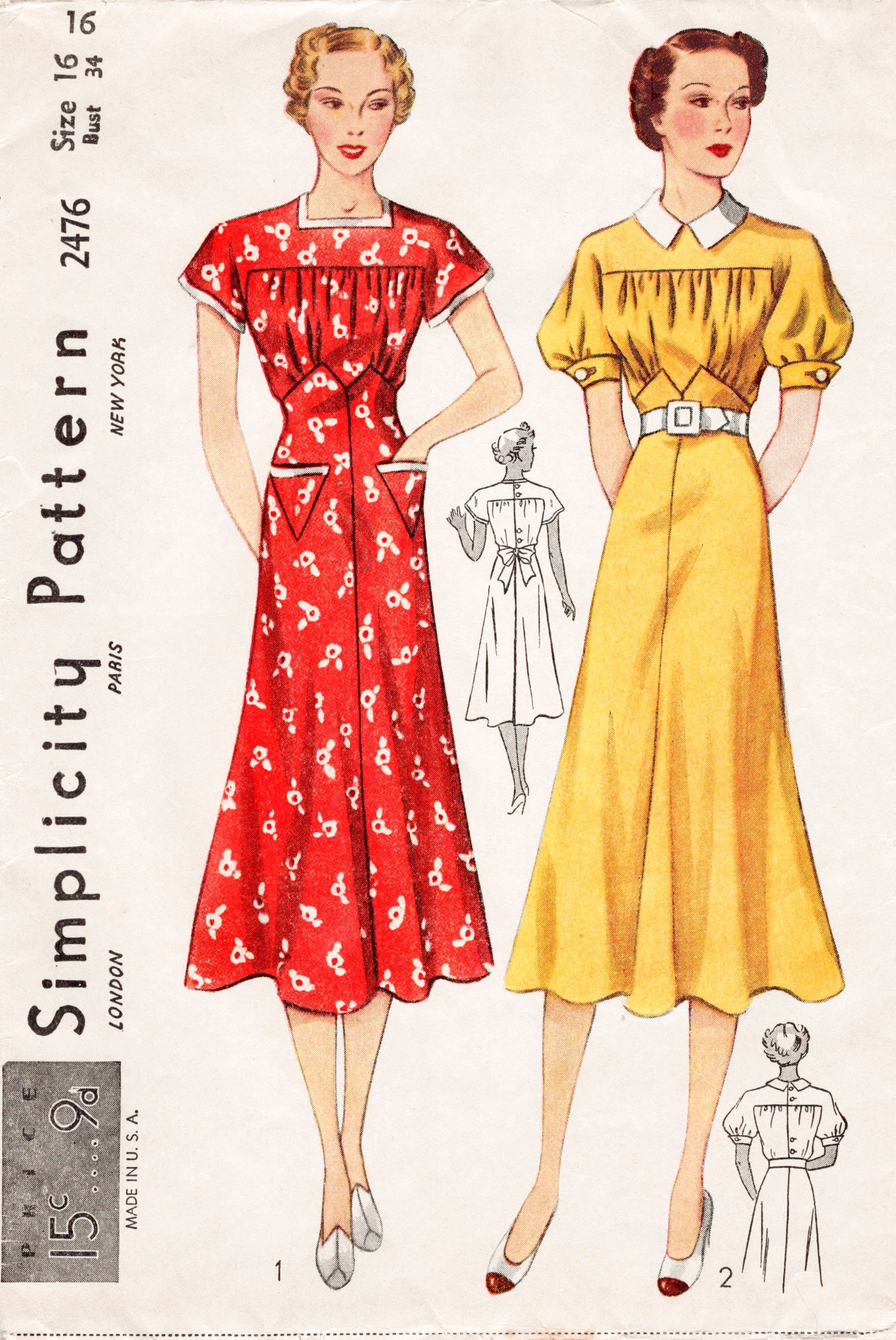 1930s 30s dress vintage sewing pattern 2 styles puff sleeves