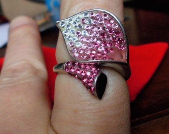 SALE###Solid sterling silver Calla Lily flower crystal ring Size 9.25