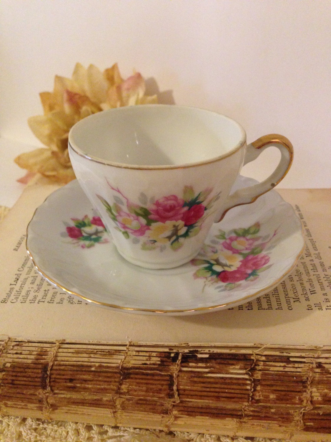 Vintage Floral Teacup & Saucer Set Pink and Yellow Roses Small