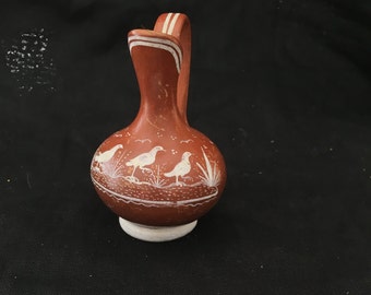 Vintage terra cotta small pitcher, decorative pitcher or vase, vintage terra cotta vase, bird motif pitcher, Mexican pitcher,