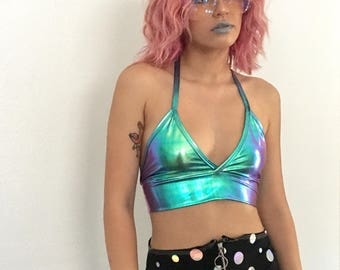 Green Iridescent Halter Top, 90's crop tops, Holographic Halter Top, Hologram Rave Top, Women's Halter Tops, 00's club tops,