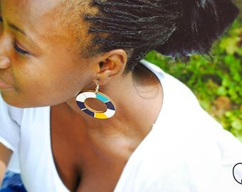 African earrings, African jewellery ethnic earrings ethnic jewelry, gipsy earrings Wooden earrings, blue hoops earrings, boho hoops earrings