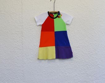 Rainbow Dress Girl's Size 3 made from Upcycled T Shirts, Recycled Tshirt Dress has Rainbow Block Pattern, Child's Raglan Sleeve Dress