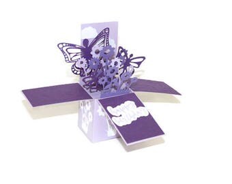Handmade Pop Up Box Card, 3D Birthday Card, Purple Butterflies & Flowers, Her Birthday, Unique Handmade Card, Mother's Day Pop Up Card,love