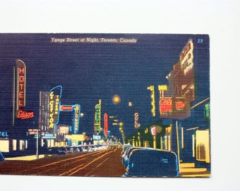 Yonge Street, Toronto Postcard 1965 / Linen Postcard/ Vintage Neon Lights / Early Toronto / Neon Signs Postcard / Night Postcard