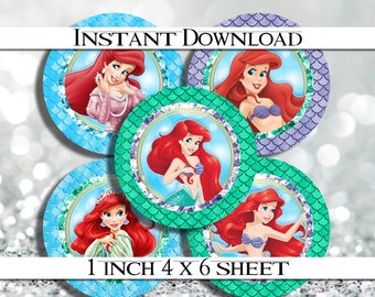 50% OFF SALE INSTANT Download The Little Mermaid 4x6 Digital 1" Inch Bottle Cap Image/Digital Collage sheet