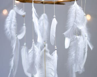 White Dream Catcher Mobile - White Dreamcatcher Mobile Baby Mobile Crib Mobile Nursery Mobile Crib Mobile Boho Dream Catcher Mobile