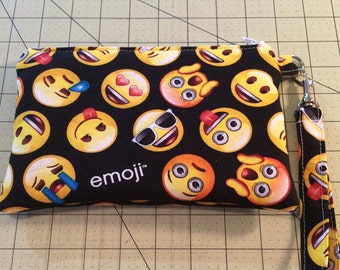 Cute Emojis on black padded wristlet, Zipper pouch, makeup bag, ready to ship