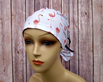 Surgical Scrub Cap for Women - Ponytail - Scrub Hat - Flamingos on White