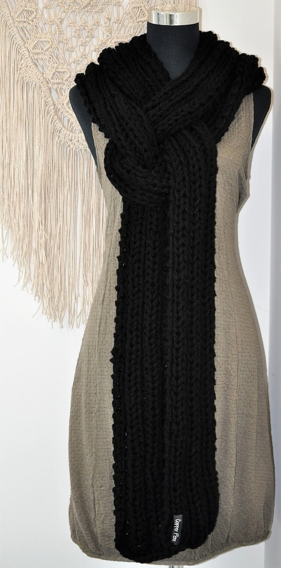 Black chunky knit extra long scarf Black super by CopperPenni