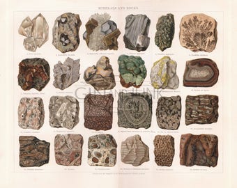 Beautifully detailed geology print featuring various minerals and rocks, including crystals and volcanic rock dating from 1904.