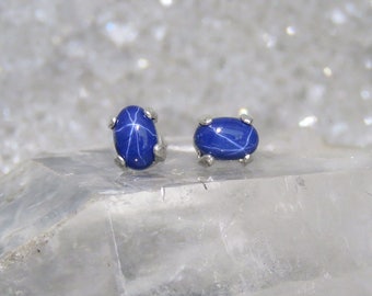 6x4 mm Star Sapphire Earrings, genuine star sapphire, authentic blue star sapphire studs, sapphire earrings, genuine natural star sapphire