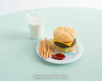 American Girl Doll Food - Fast Food Set - Burger - Fries w. Ketchup - Glass of Milk - Polymer Clay Food for 18 Inch Dolls