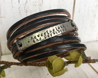 Nevertheless She Persisted Leather Wrap Bracelet, Shredded, black leather, double wrap, adjustable, Create Hope Cuffs, gift for her