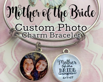 Mother-of-the-Bride Gift, Personalized Wedding, Photo Charm Bracelet, Mother of Bride Charm, Mother Gift from Bride, Custom Jewelry for Mom