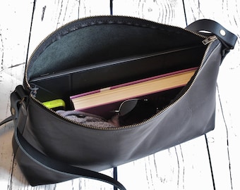 Black leather handbag, leather shoulder bag, real leather, crossbody bag, handbag with zipper, black leather purse, black leather