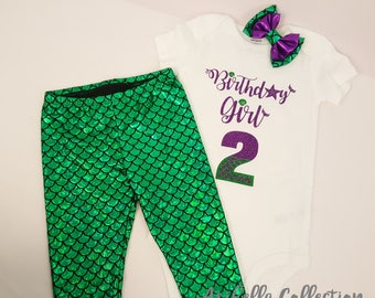 Little Mermaid Birthday Girl Party Outfit, Ages 2 - 7, Purple Glitter Bodysuit, T-Shirt, Set, Leggings, Bow,Carters,Ariel,Baby,Girls,Toddler