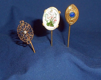 Vintage Stick Pins Brooches Pins Lot of 3 Vintage Gold Tone Lapel Pins Hat Pins