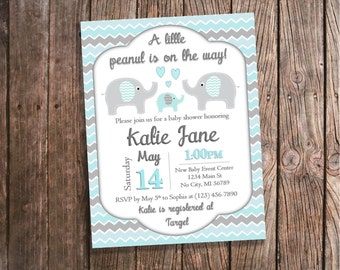 Elephant Baby Shower Invitation - Baby Blue and Gray Chevron - Gender Neutral - Aqua and Gray Customized Invitations - Invitation PRINTS