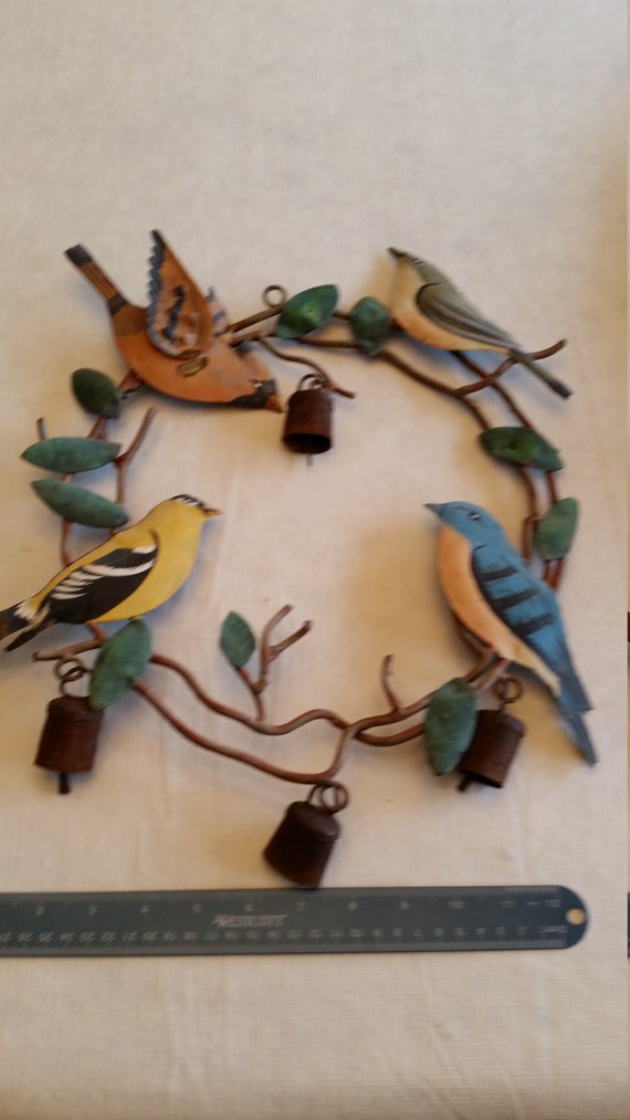 Antique Metal Windchimes Birds Cow Bells Bluebird Robin Antique Metal Windchimes Birds Cow Bells Bluebird Robin Oriole Cardinal Wind Chime Song Bird Art Farm Rustic Primitive Sign Vintage