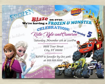 Frozen and Blaze Birthday Invitations,Sibling, Dual Character,Any characters, 5x7, Printed Or Digital File *** FREE SHIPPING