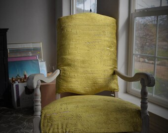 Vintage Wood Spanish Revival Rocking Chair Restored Finished with ASCP French Linen Green velvet textured upholstery Nursery Home Decor