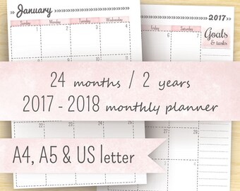 2017 Monthly Planner, Printable Planner 2017-2018, Month On Two Pages, A5 Calendar & A4, Letter (8.5 x 11) Planner Pages