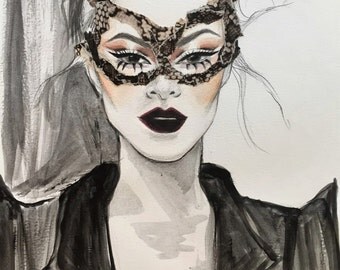 Original Cat Woman Mask Fashion Illustration Painting and Collage