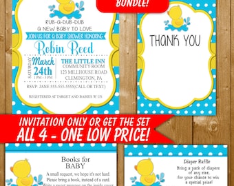 Rubber Duck Baby Shower Invitation, Rubber Duck Invitation Inserts, Diaper Raffle, Books for Baby, Duck Thank You Card, DK001ST Printable