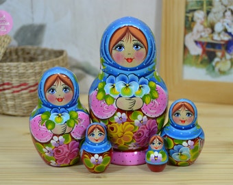Matryoshka doll in blue shawl, Gift for woman, Handmade russian nesting dolls, Gift idea for daughter, Wooden hand painted art doll