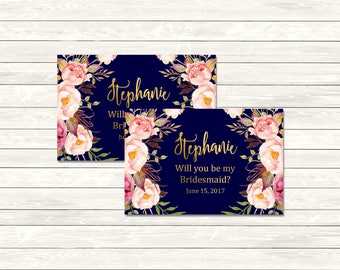 Navy Gold Personalized Boho Printable Will You Be My Bridesmaid Mini Champagne Bottle Labels, Floral Bridesmaid Mini Label, Download 110-NG