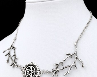 Pentacle Necklace, Witchy Necklace, Gothic Jewelry, Branch Necklace, Pagan Jewelry, Wiccan Jewelry, Silver Pentagram, Occult Necklace