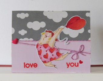Love card - Valentine card - Blank double greeting card - Hand colored - Main card color is red