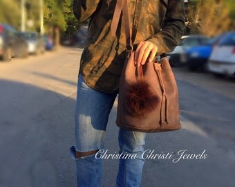 Leather Shoulder Bag - Leather Bucket Bag, Leather Bucket Purse, in Dark Brown Color with a Brown Fur Pom Pom, Made in Greece.