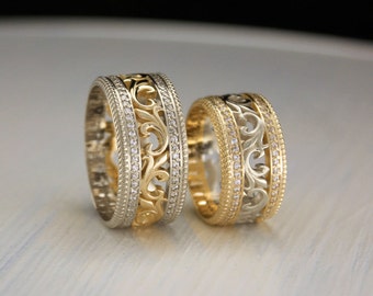 Vintage Style Two Tone Gold Wedding Bands Unique Matching Wedding Bands Filigree Wedding Rings Vintage Style Two Tone Gold Wedding Bands Unique Matching Wedding Bands Filigree Wedding Rings