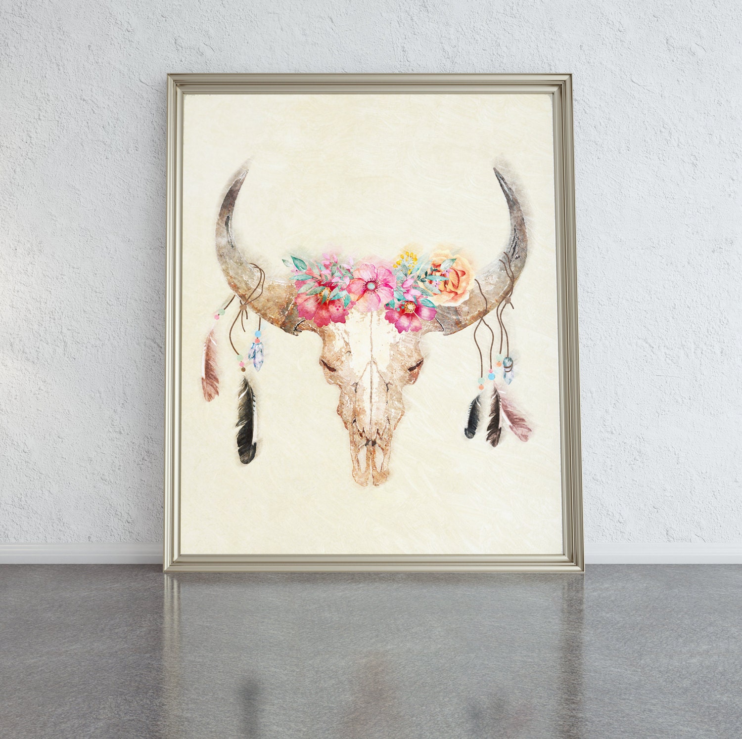 Wall Art Prints Watercolour Print Cow Skull With Flowers