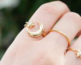 Moon ring - stacking ring - zodiac gold ring - star ring - gold ring - tiny gold ring - moon star ring - silver ring - zodiac - C18202