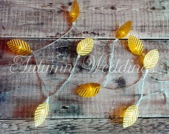 Gold Fairy Lights 1-10m String Lights - Gold Leaves Wedding Decoration - LED Garland - Battery Operated - Golden Leaf Bedroom