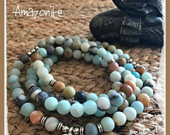 Amazonite Mala, 108 beads, Mala Bracelet, Reiki, Buddha, Rosary, Prayer beads, moon stone, Lotus mala, buddha, om, meditation mala, yoga
