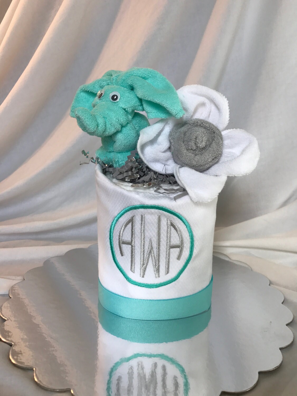 Mini Diaper Cake, Elephant Diaper Cake, Gender Neutral baby gift, Unique baby gift, monogrammed, baby shower gift, personalized baby gift