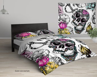Sugar Skull Color Custom Personalized Bedding Set. Valentine's Day Duvet Cover. Twin, Full, Queen, King Size Comforter Upgrade.
