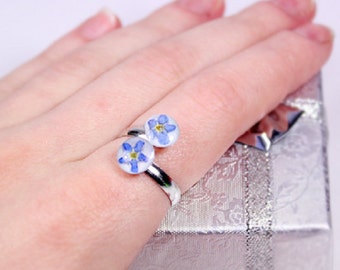 flower ring terrarium gifts blue ring double flower gift mother adjustable ring forget me not blue silver jewelry resin ring statement u9