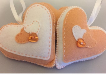Hand stitched light peach and White hanging hearts, home decor, any occassion, set of 2 hanging felt hearts. (HH006)